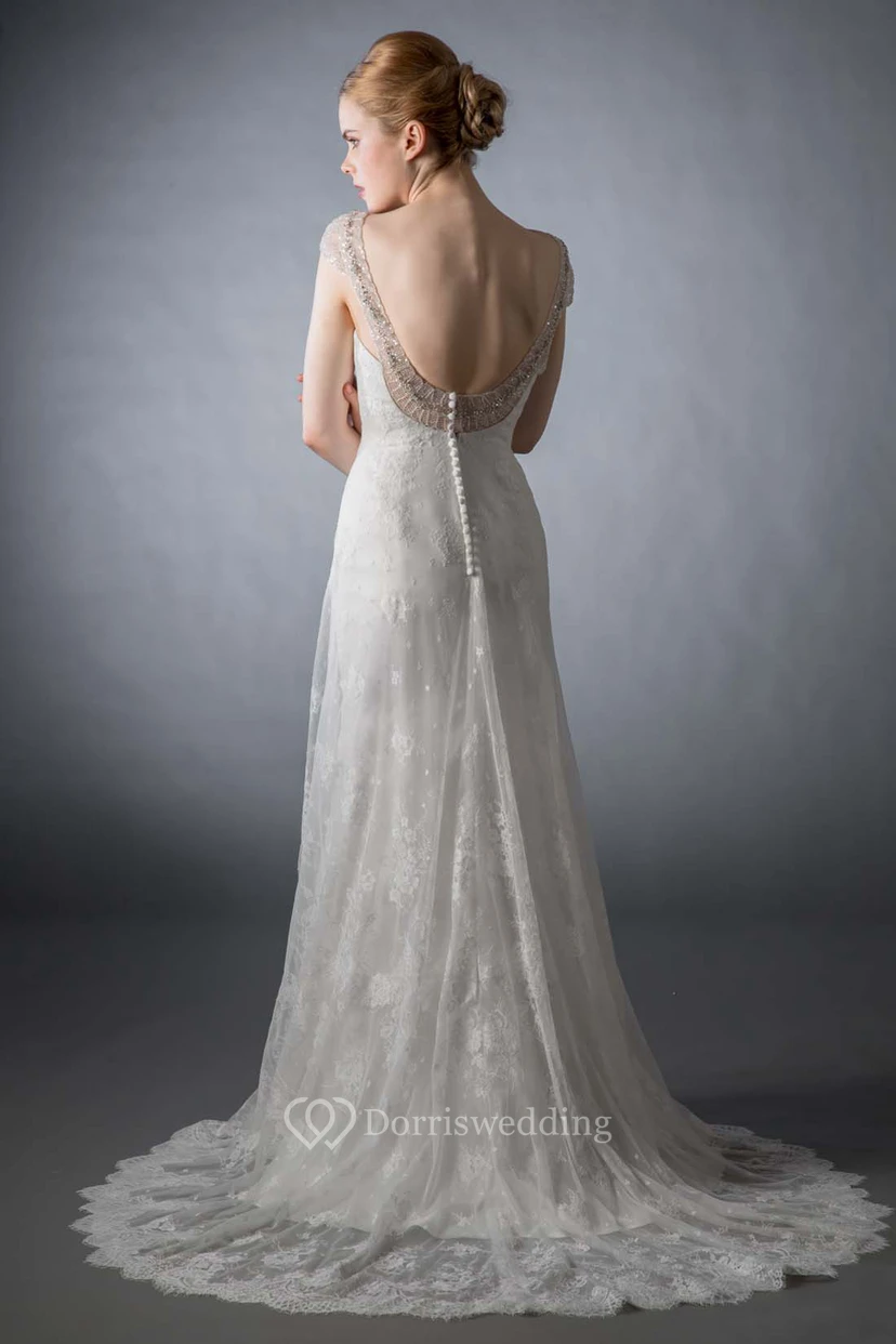 A-Line Scoop-Neck Cap-Sleeve Beaded Floor-Length Lace Wedding Dress With Appliques And Deep-V Back view 2