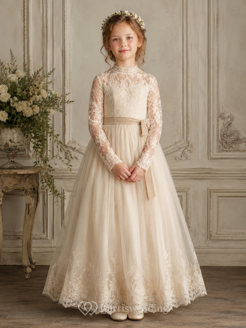 Langärmeliges A-Linien-Kleid aus Spitze und Tüll für Blumenmädchen mit Rundhalsausschnitt und bodenlangem Rock