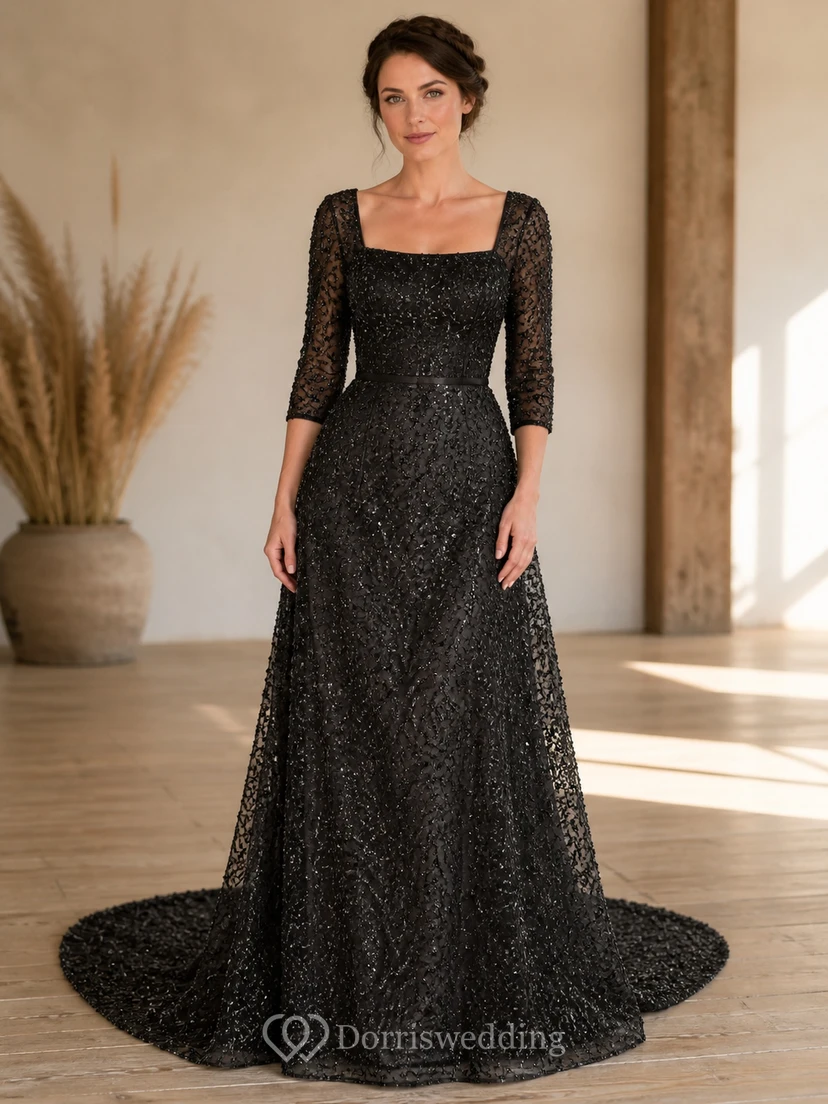 Black Elegant Textured A-Line Square Neck Three-Quarter Sleeve Floor-length Evening Dress