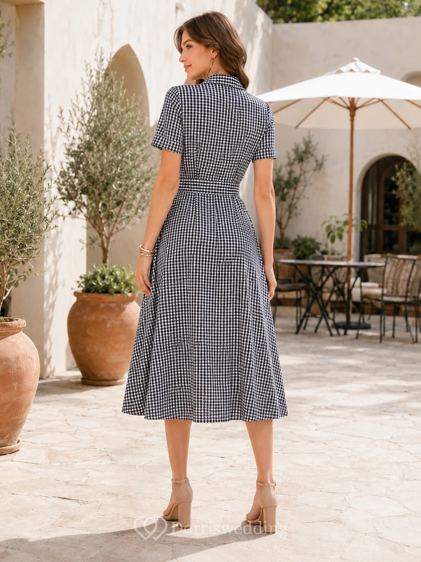 Gray Short Sleeve V-Neck Tea-Length A-Line Casual Dress view 2