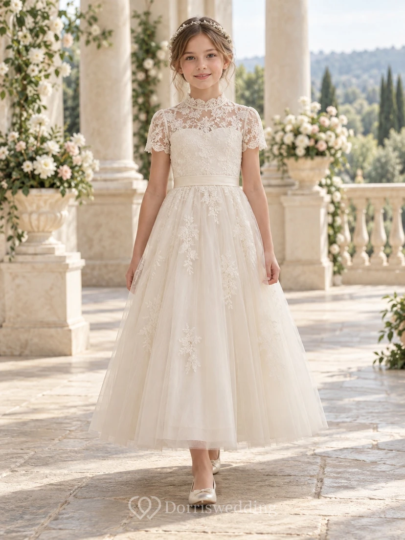 Vestido de niña de flores de corte A, tul, manga corta, cuello alto, color marfil con estampado floral, hasta la rodilla.
