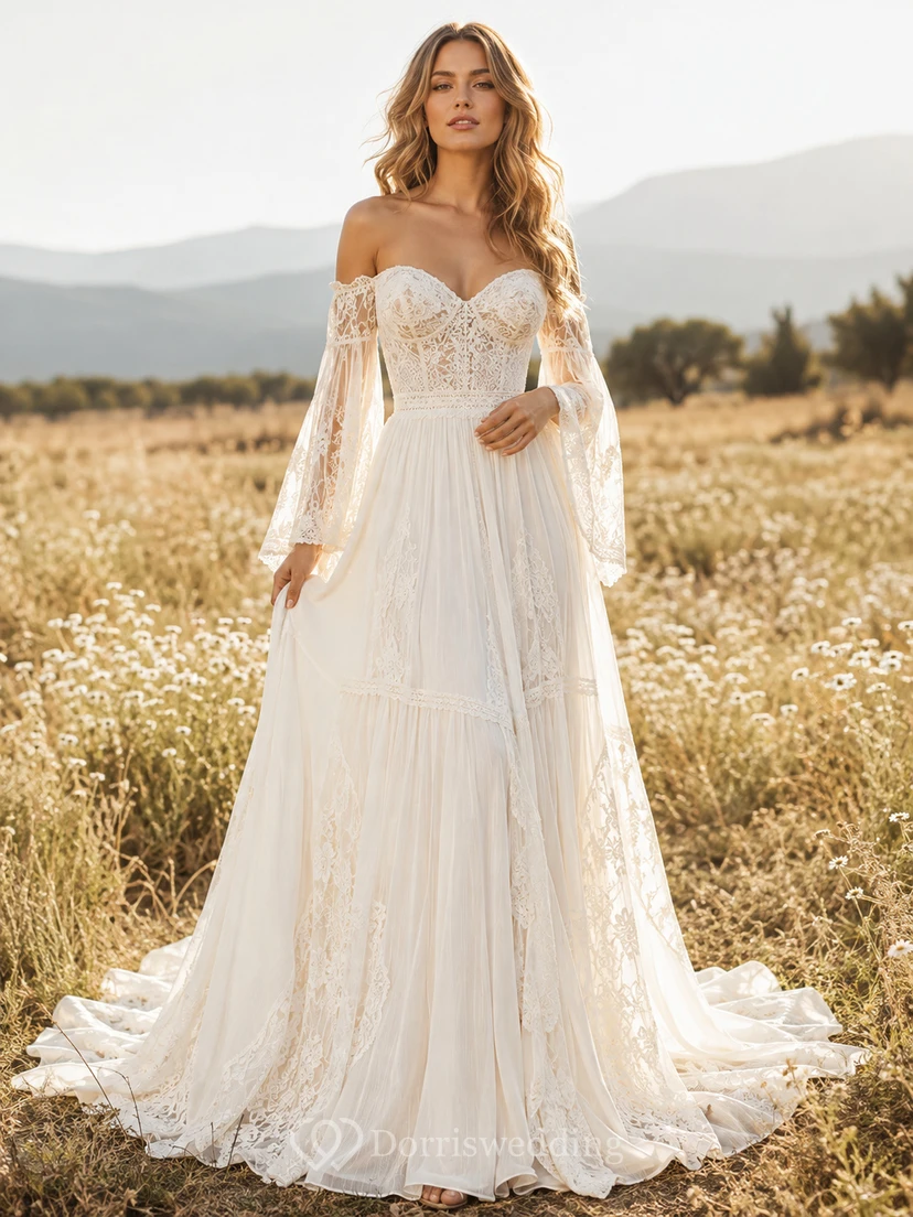 Robe de mariée bohème en mousseline de soie, épaules dénudées, manches cloche, coupe trapèze, style chapelle