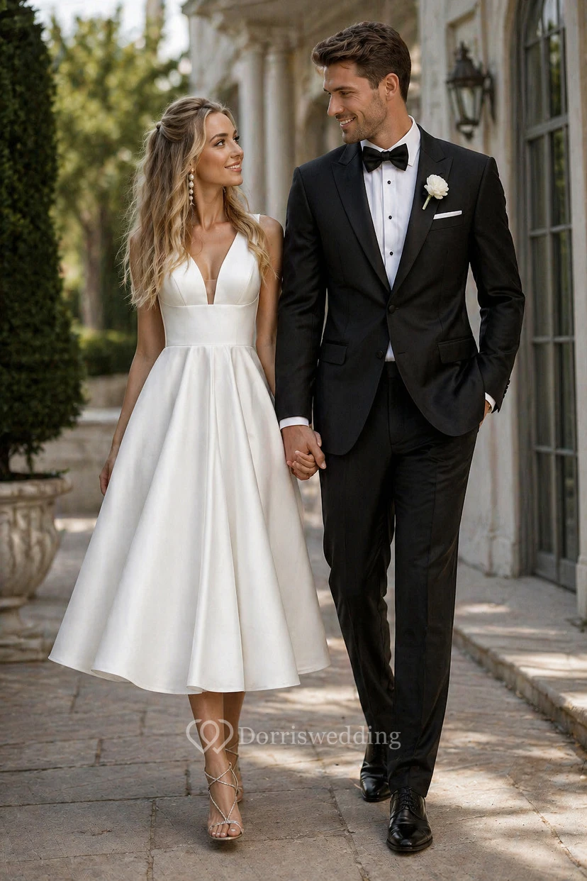 Simple Satin Empire A-line Tea-length Wedding Dress view 3