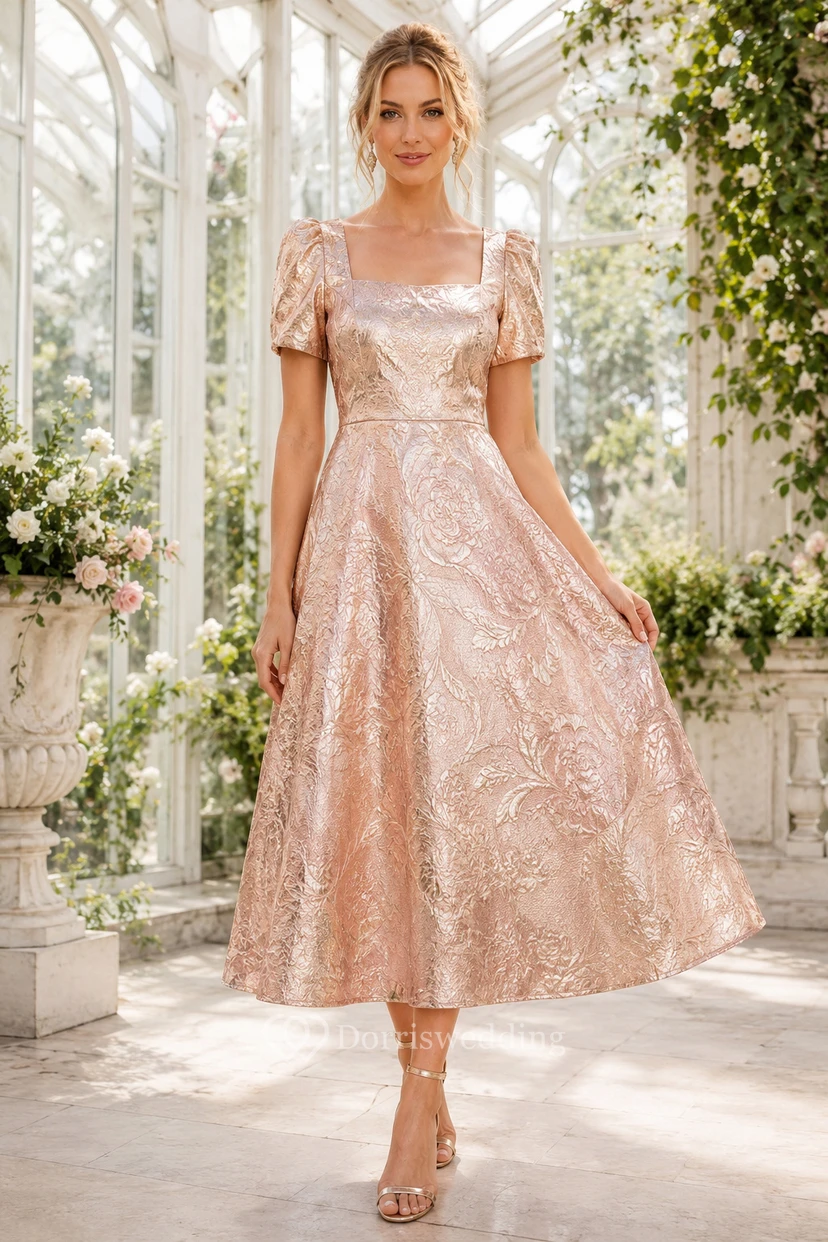 Robe cocktail rose poudré en taffetas, coupe trapèze, col carré, manches bouffantes, longueur midi