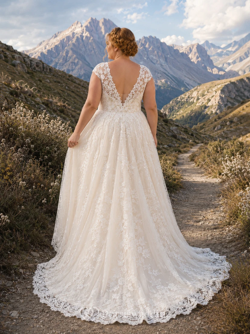 Vestido de novia de talla grande con escote en V, encaje y corte en A para fugas románticas en la montaña. view 2