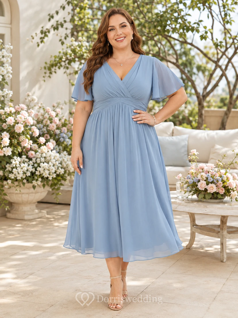 Robe de maternité grande taille bleu acier, col en V, manches papillon, en mousseline, longueur thé