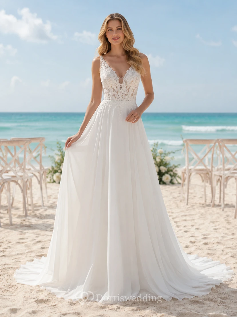 Quick Ship Lace Bodice Chiffon Beach Bridal Gown