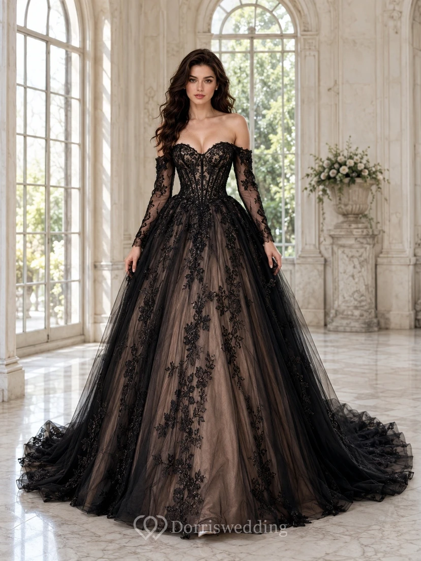 Vestido de novia negro romántico de manga larga con hombros descubiertos y encaje.
