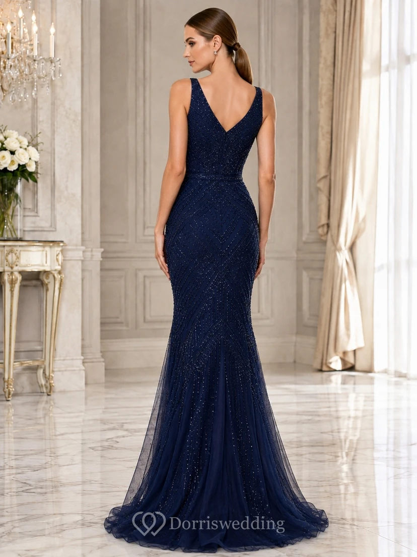 Dark Navy Beaded V-Neck Lace Mermaid Sweep Train Gown view 2