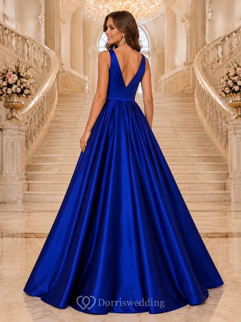 Royal blue V-neck satin ball gown prom dress view 2