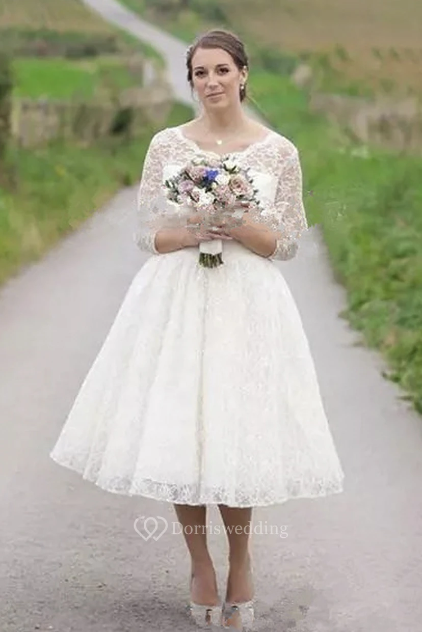 Vestido de novia corto vintage de largo midi con mangas de encaje ilusión de 3/4 y botones.