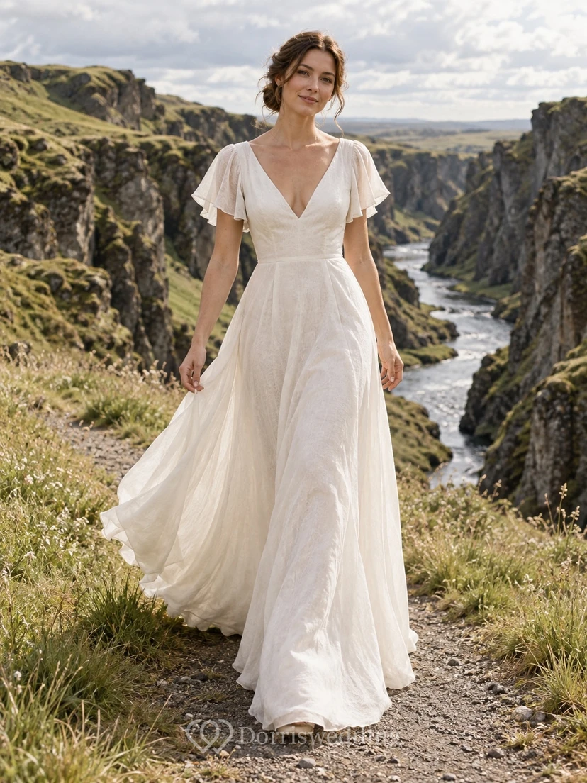 Vestido de novia romántico de corte A con mangas de volantes, escote en V, confeccionado en lino, con espalda en V profunda.
