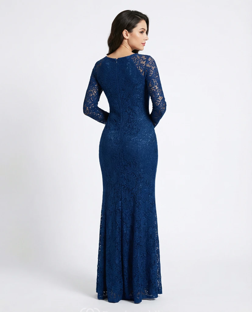 Jewel Neck Lace Long Sleeve Split Gown view 2