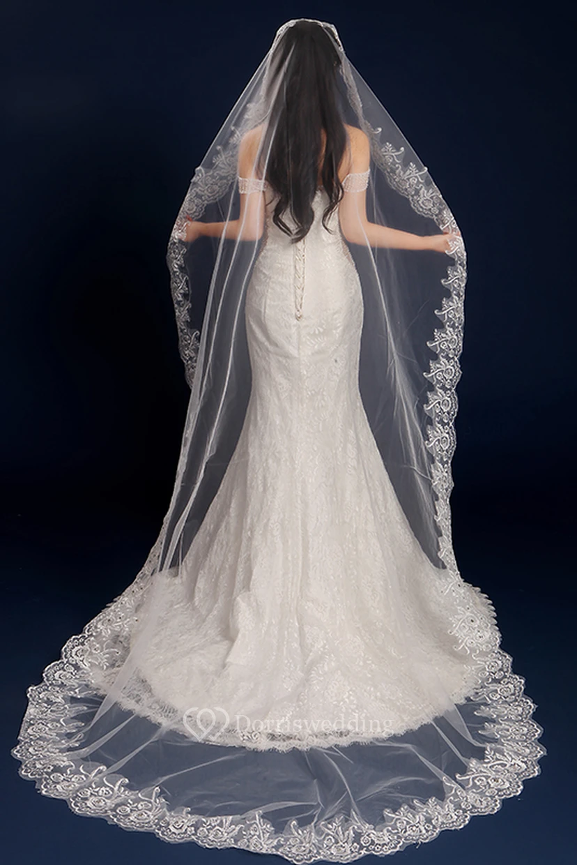 Beautiful Long Tulle Chapel Wedding Veil with Lace Edge view 2