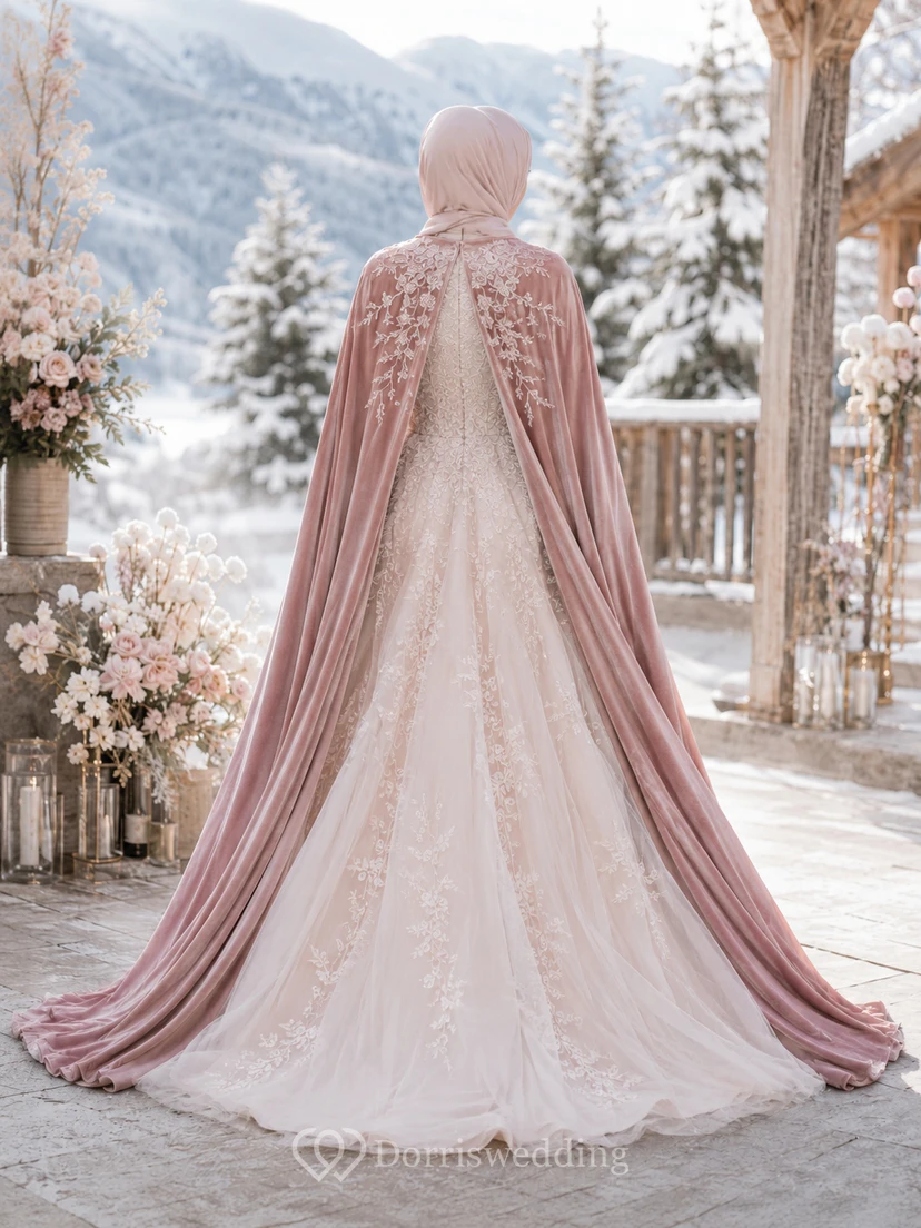 Vestido de novia de invierno musulmán de terciopelo rosa con capa y corte en A para la nieve view 2