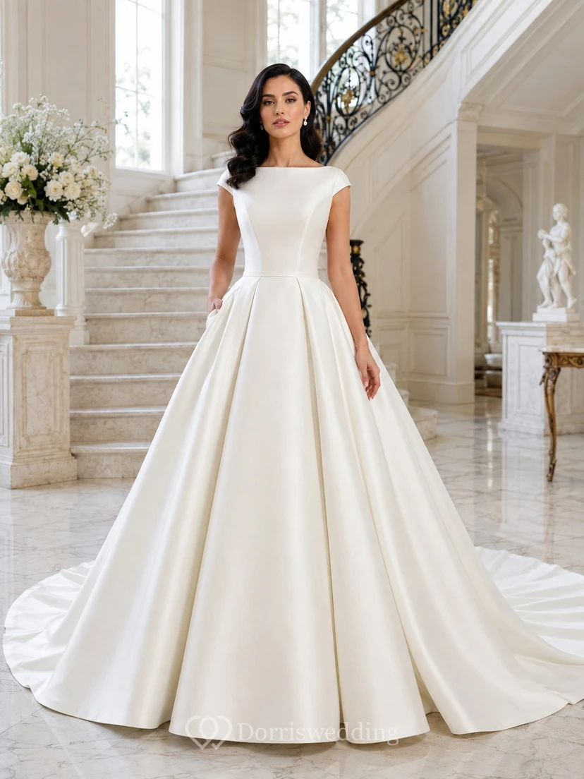Simple Modest Bateau Cap Sleeve Satin Ball Gown Chapel Train Trouwjurken Wedding Dress