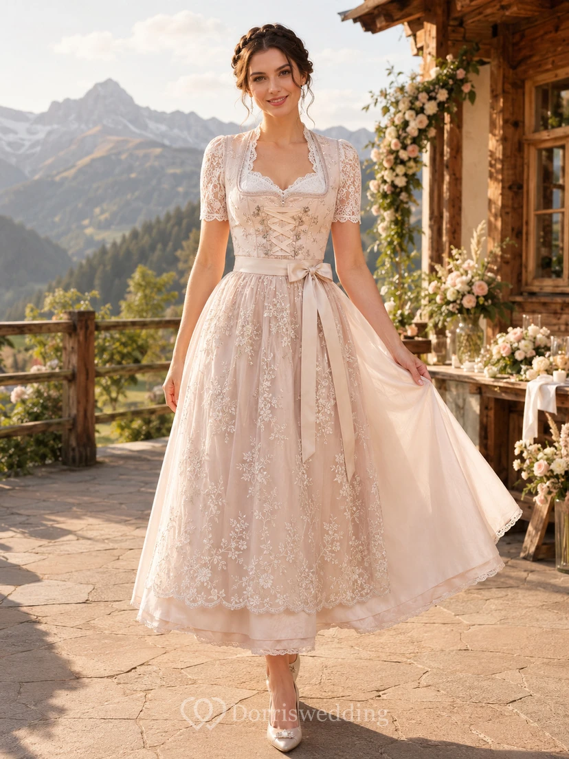 Blush Alpine Bridal Dirndl Square Neck Short Lace Sleeve Tea Wedding Dress