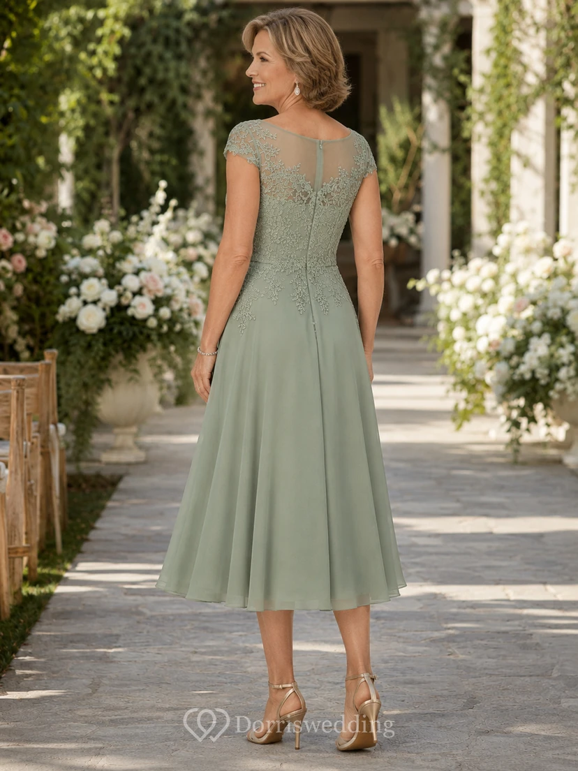 Sage Illusion Lace Tea-Length Mother of the Bride Dress view 2