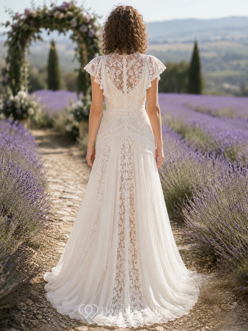 Boho High Neck Cap Sleeve Crochet Sheath Wedding Dress view 2