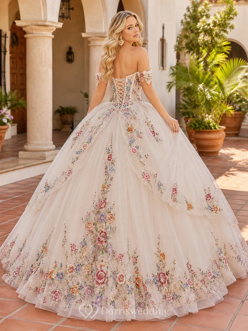 Ivory Multicolor Off Shoulder Floral Embroidered Tulle Quinceanera Princess Formal Ball Gown view 2