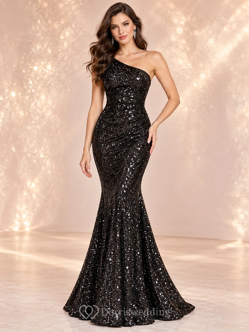 Robe de soirée sirène noire asymétrique à sequins et fronces, coupe ajustée, longue jusqu'au sol