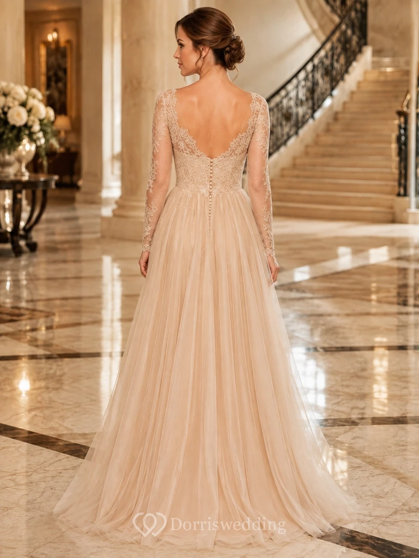 Champagne Sweetheart Long Sleeve Chiffon A-Line Sweep Train Formal Dress view 2