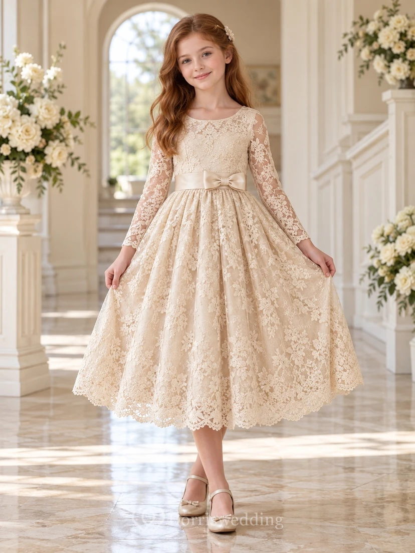 Vestido de niña de flores de manga larga, color champán, con estampado floral, corte en A, encaje y lazo festoneado en la espalda.