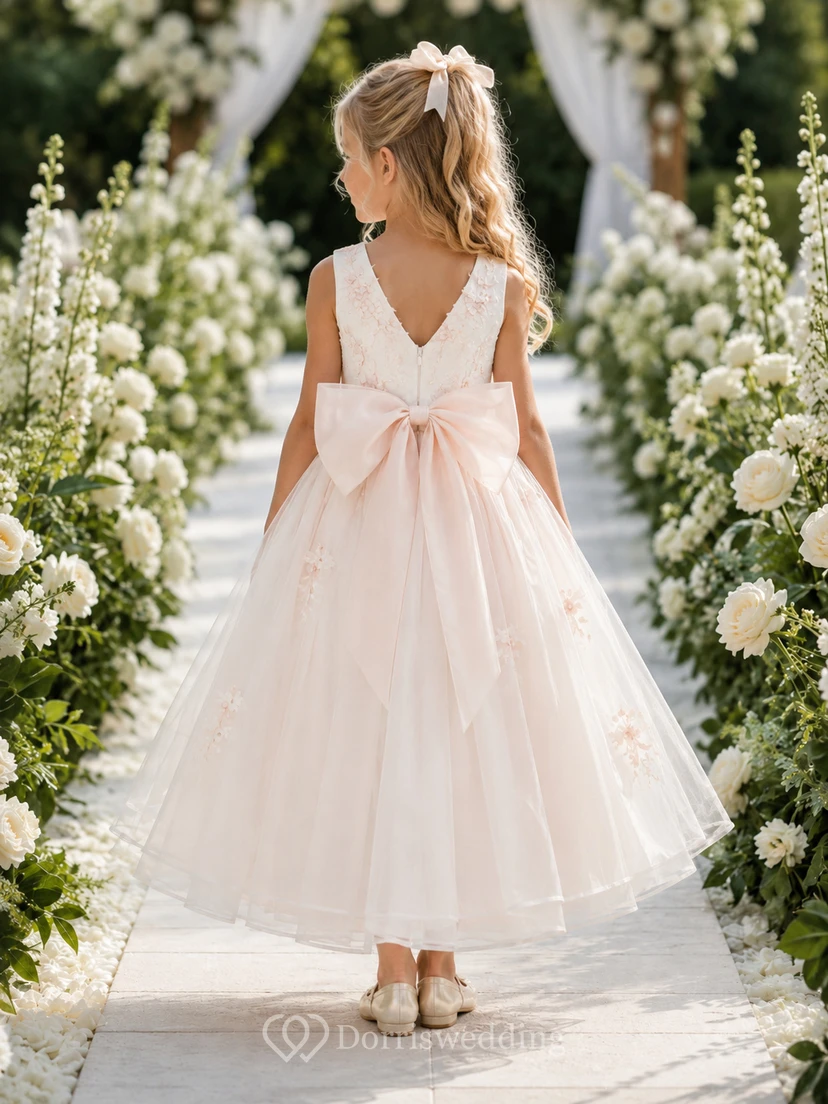 Rosafarbenes Tüll-Blumenmädchenkleid mit Spitzenoberteil view 2
