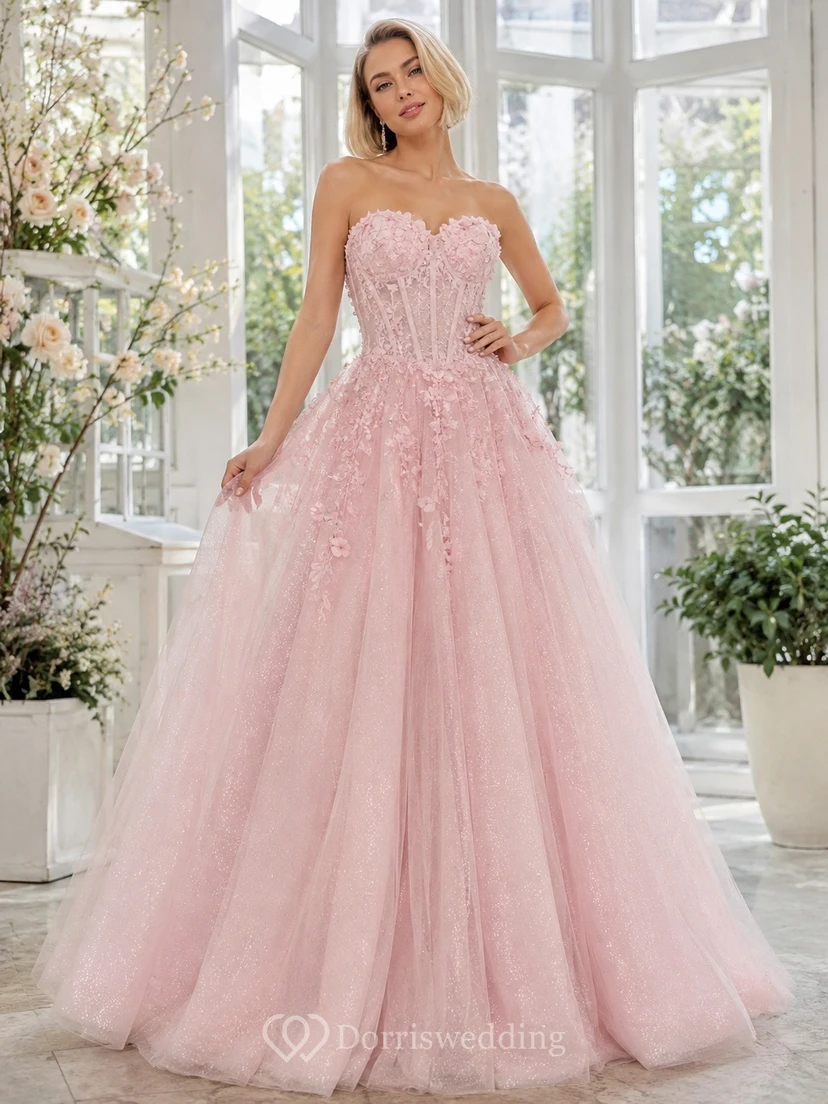 Pearl Pink Beaded Sweetheart Tulle Ball Gown Prom Dress