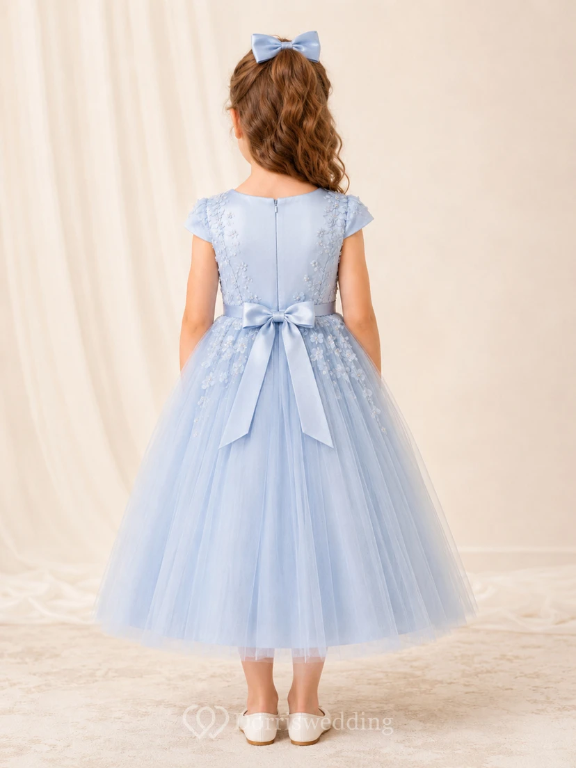 Blue Tulle A-Line Flower Girl Dress with Short Sleeves, Jewel Neck and Tea-Length Skirt view 2