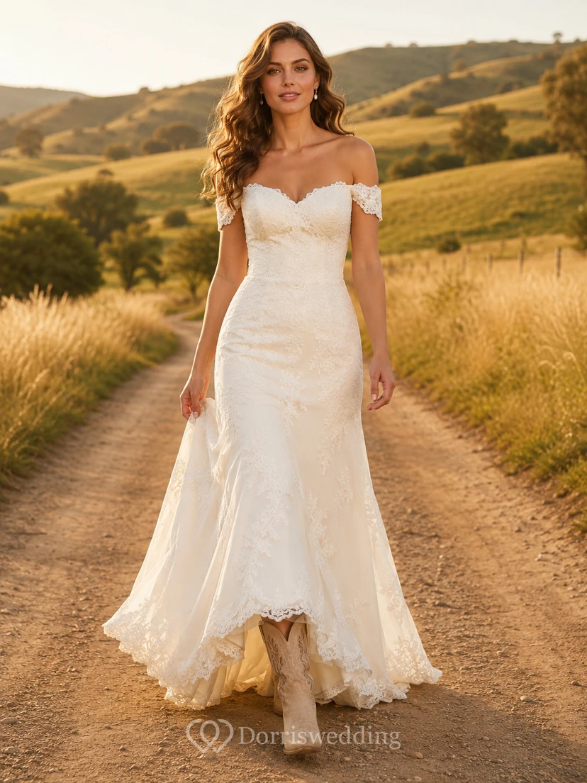 Robe de mariée de maternité à col montant illusion manches longues en dentelle, style jardin, avec traîne