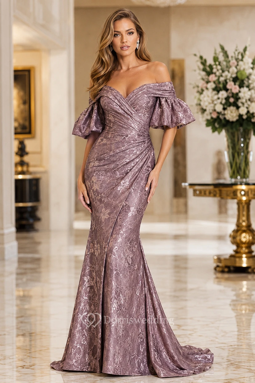 Robe de soirée sirène à sequins mauve, épaules dénudées et manches bouffantes