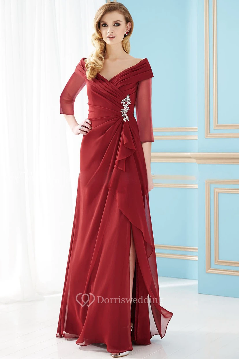 3-4 Sleeved V-Neck A-Line Mother Of The Bride Dress With Front Slit And Crystals