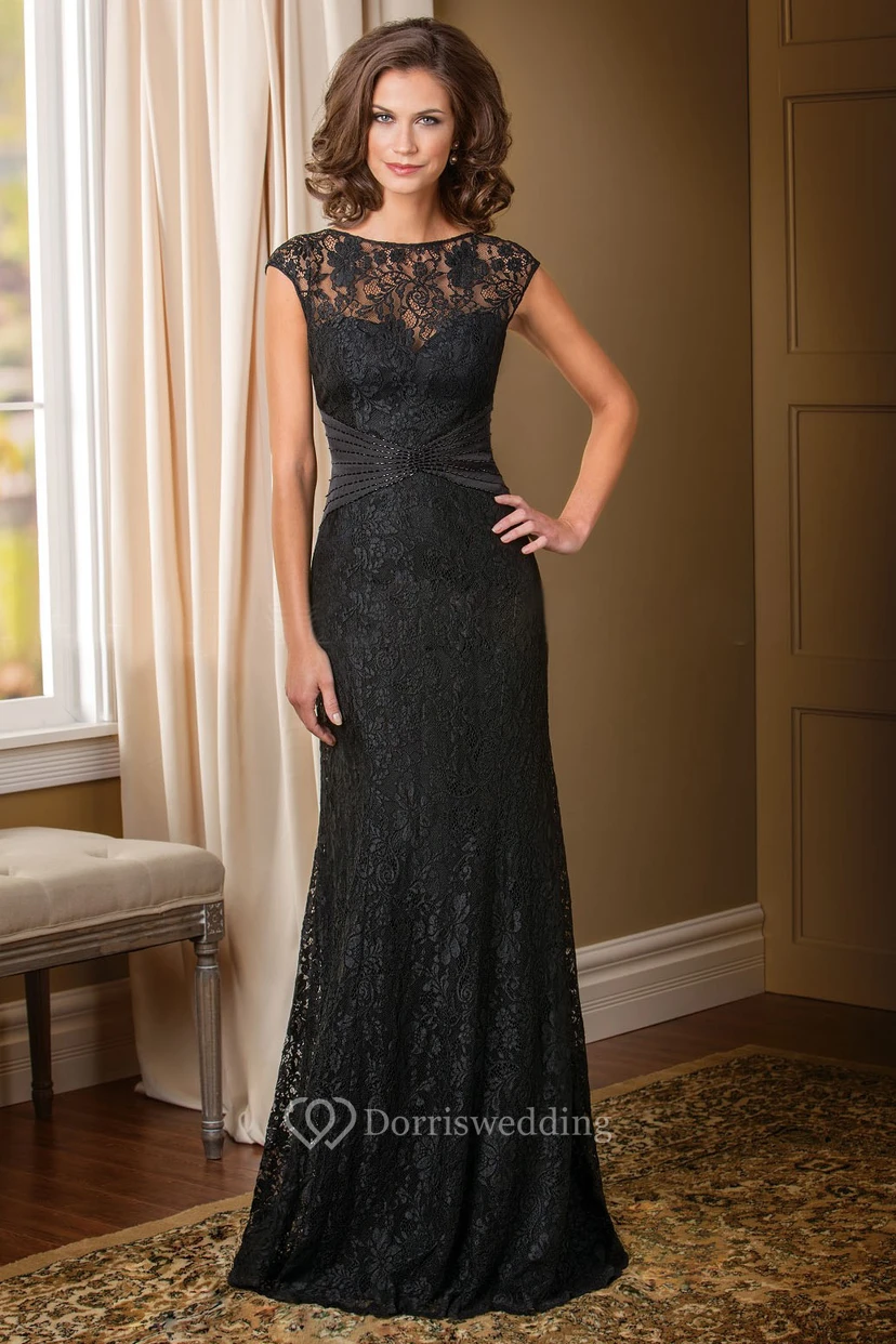 Cap-Sleeved Long Lace Mother Of The Bride Dress With Beadings And V-Back