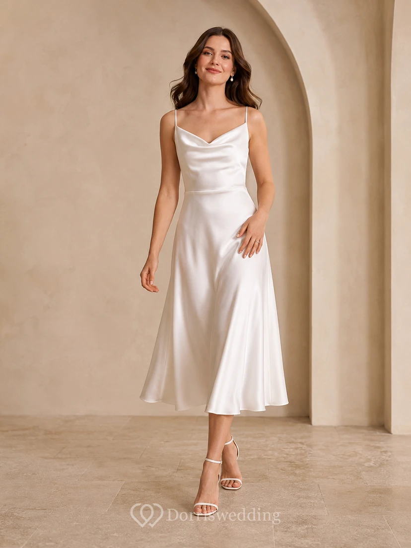 Elegant Civil Satin A Line Cowl Spaghetti Tea Length Wedding Dress