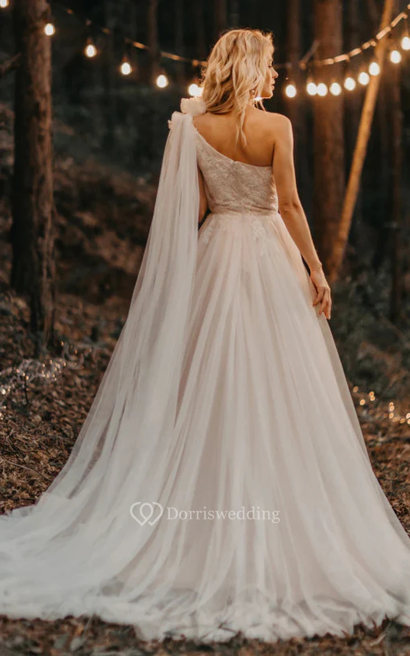 One-shoulder Empire A-line Lace Tulle Asymmetrical Country Wedding Dress view 2