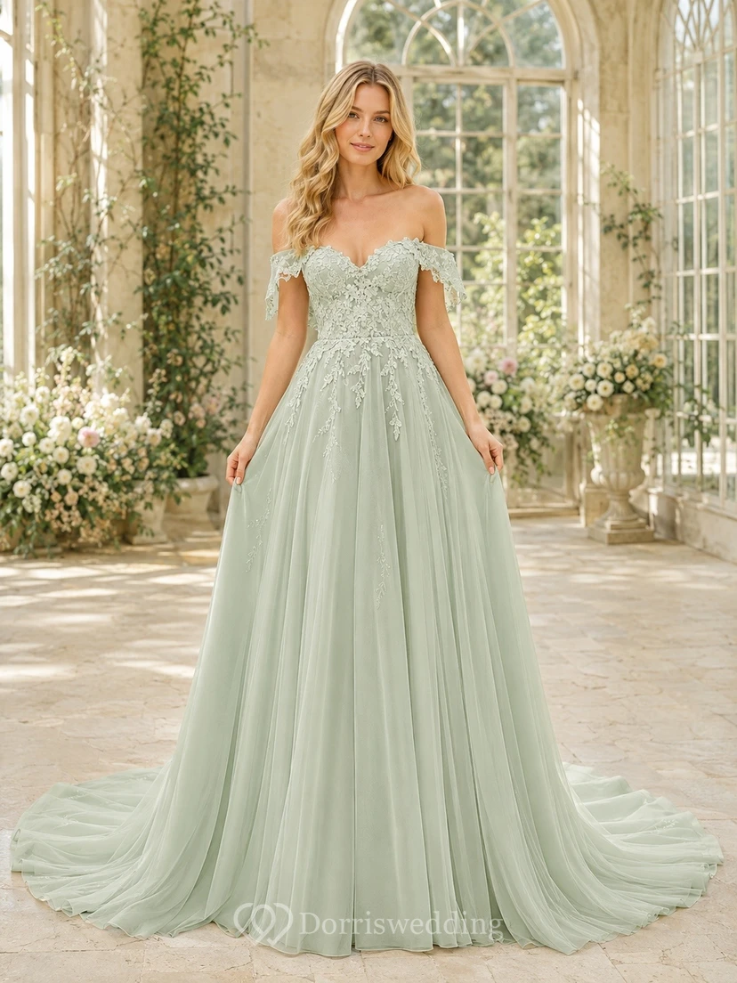 Vestido de novia formal elegante y romántico estilo boho con hombros descubiertos y corte en A.