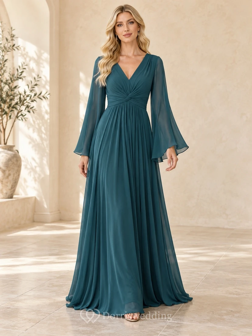 Vestido de noche formal largo hasta el suelo en gasa color verde azulado con escote en V, mangas acampanadas, cintura retorcida y corte en A.