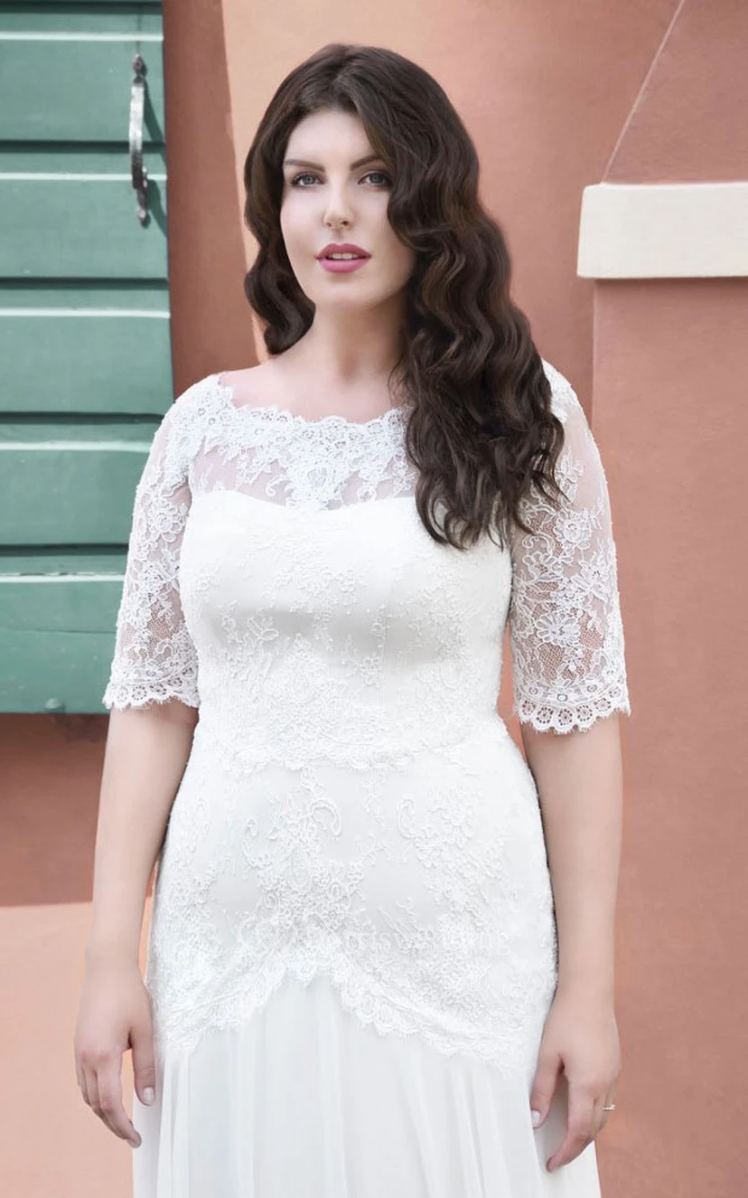 A-Line Floor-Length Scoop Neck Half Sleeve Chiffon Sweep Train Appliques Dress view 2