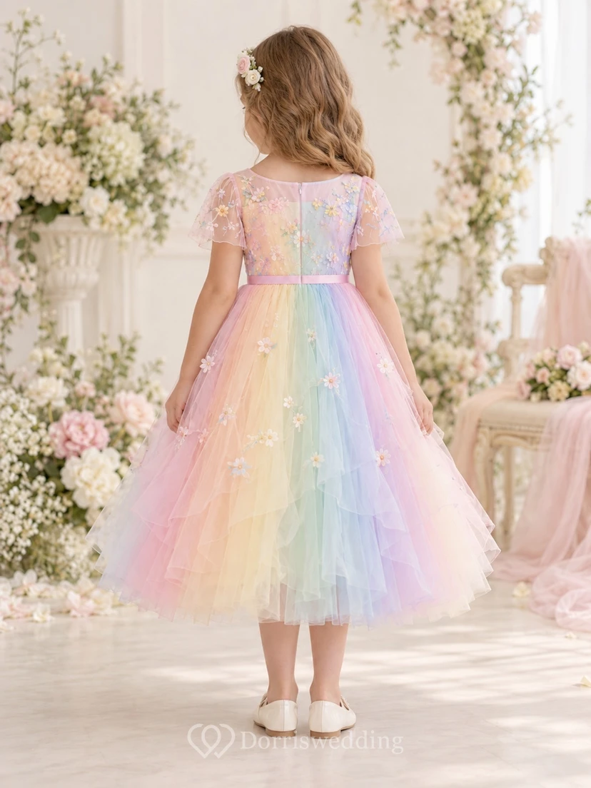 Tea-length Pastel Rainbow Floral Embroidered Tulle Flower Girl Dress view 2
