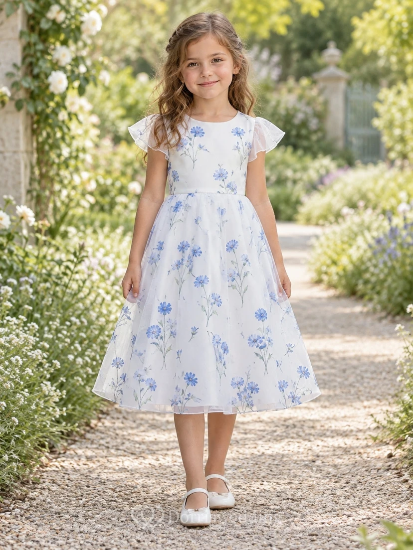 Tea-length Country White Floral Cap Sleeve Organza A-line Flower Girl Dress