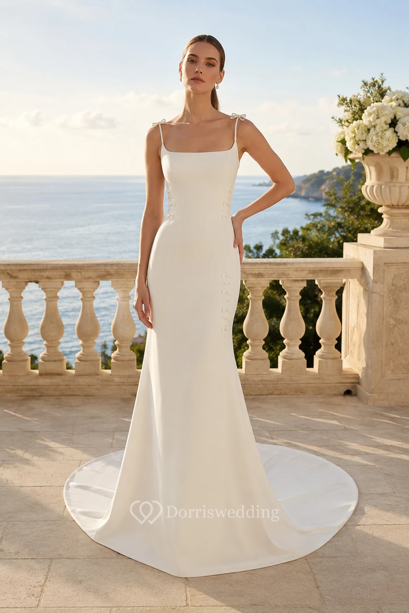 Robe de mariée fourreau blanche à fines bretelles et traîne.