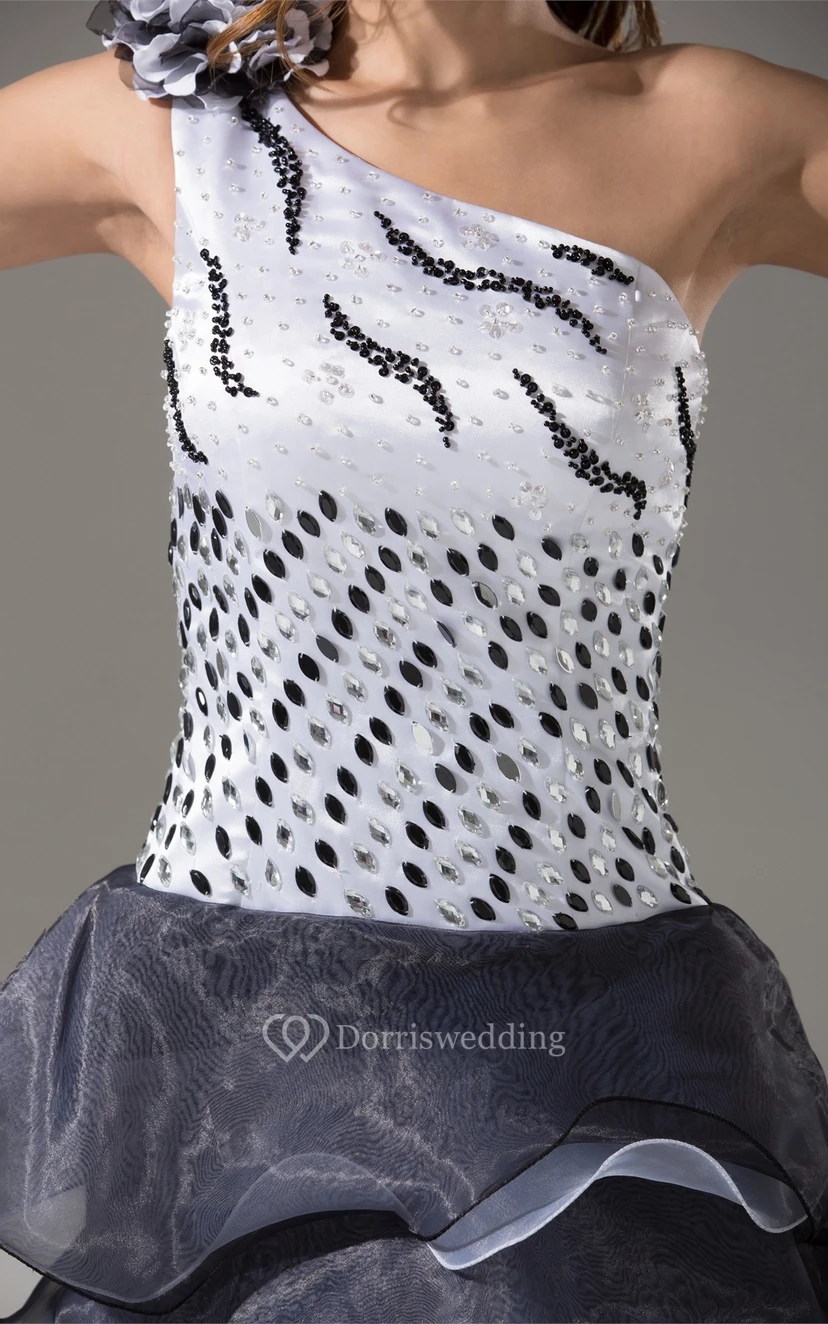 Flowered One Shoulder Floor Length A-Line Sleeveless Gown With Cascading Ruffles and Sequins view 3