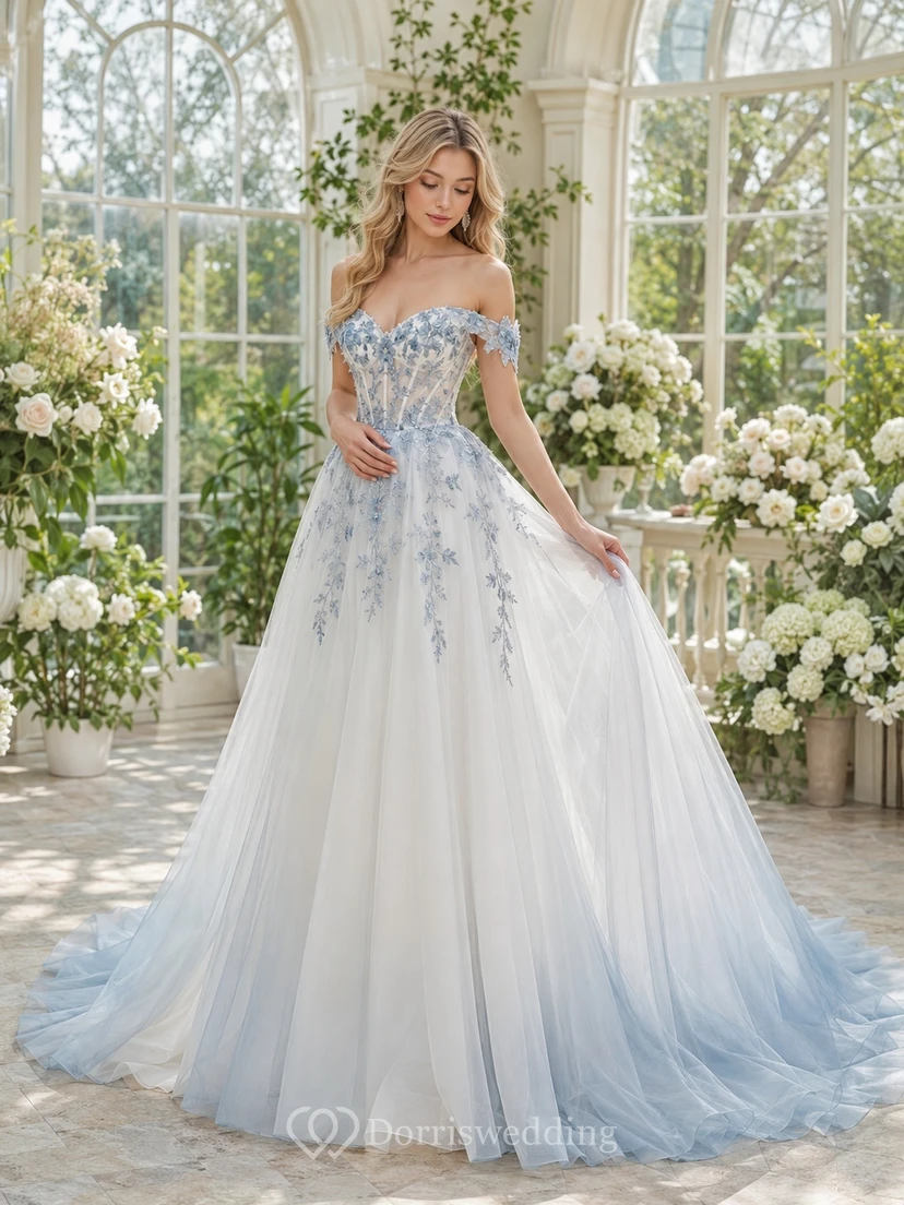 Himmelblaues, luftiges A-Linien-Chiffon-Brautkleid im Boho-Stil mit schulterfreiem Schnitt und Blütenblattärmeln