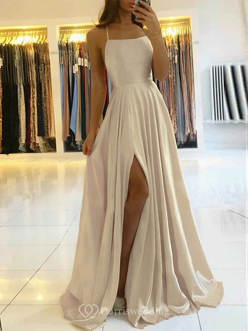 Spaghetti-grünes Empire-Abendkleid in A-Linie mit Schlitz vorne view 3
