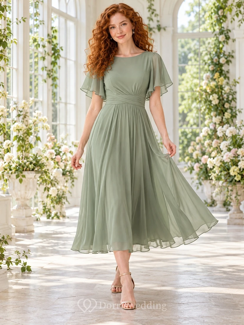 Tea-length Simple Sage Bateau Flutter Sleeve Pleated Wedding Guest Dress