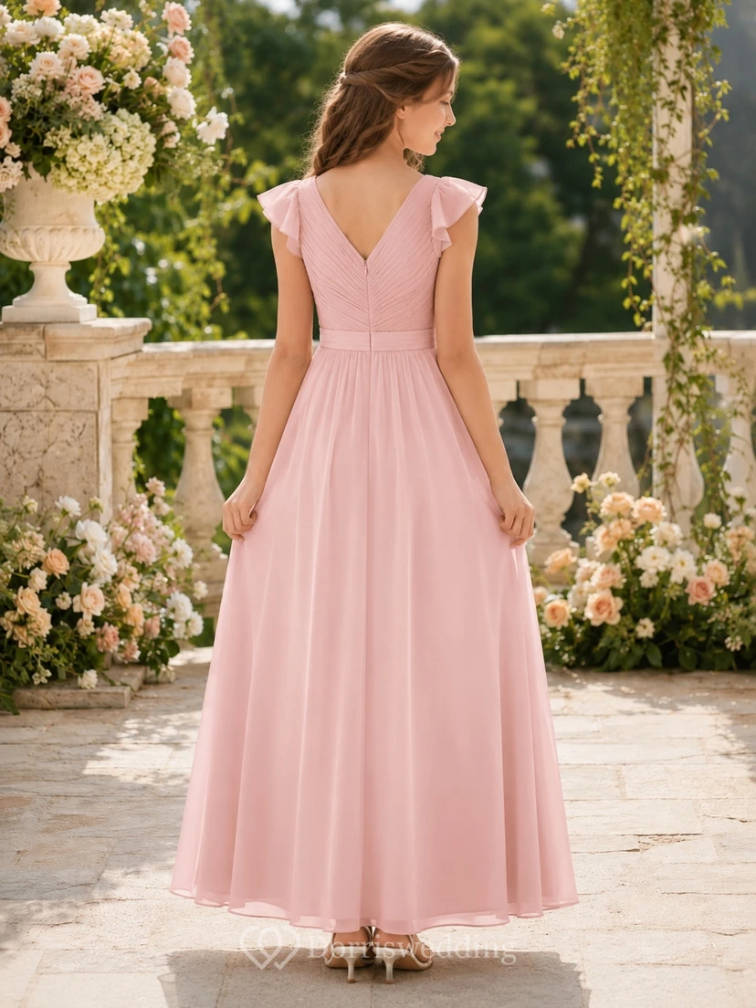 Elegantes, perlmuttrosa Brautjungfernkleid in A-Linie mit V-Ausschnitt und kurzen Ärmeln view 2