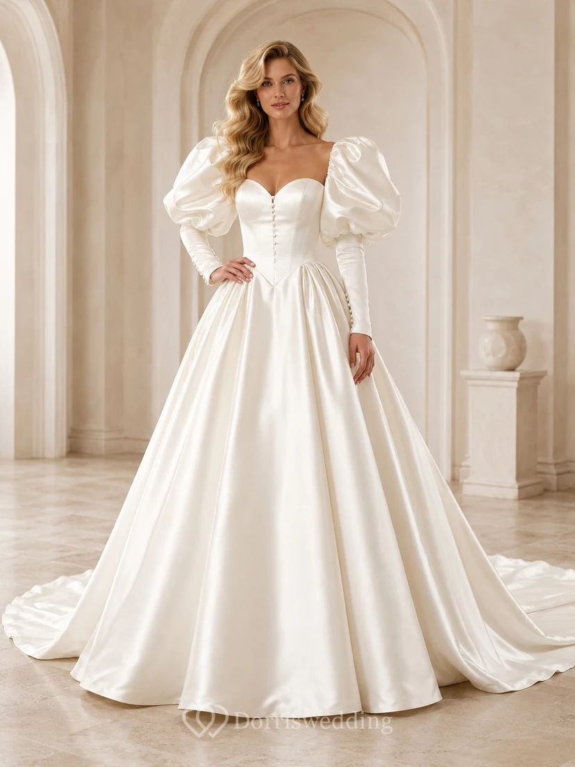 Vestido de novia vintage elegante de satén blanco con escote corazón y manga corta
