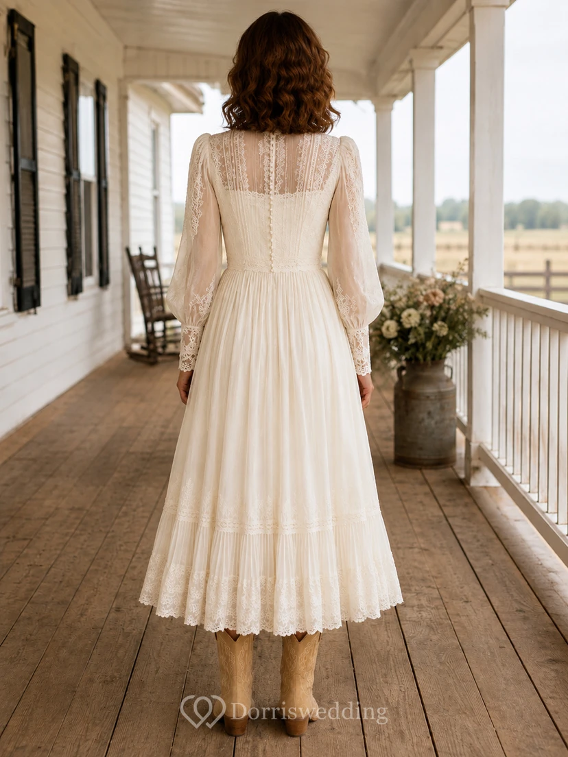 Umstandsbrautkleid mit V-Ausschnitt, langen Ärmeln, Spitze, A-Linie, Strandbrautkleid mit Schleppe view 2