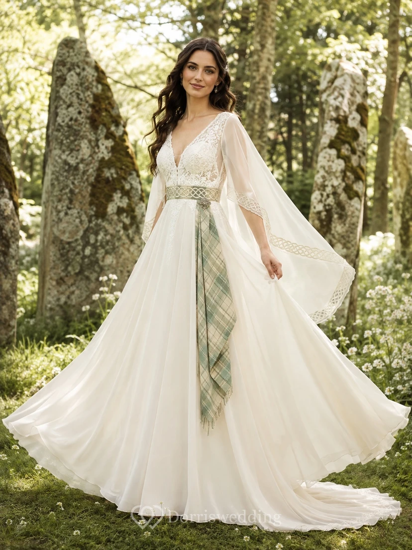 Schottisches keltisches Tartan-Schärpen-Chiffon-Boho-Hochzeitskleid mit langen Fledermausärmeln und V-Ausschnitt